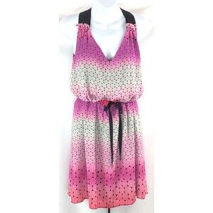 I Love Ronson Halter Dress XS Pnk Purple Ombre V-Neck Belt Elastic Waist Smocked
